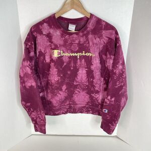 Champion Reverse Weave Crewneck Sweatshirt, Womens Medium, Pink Tie Dyed, Logo